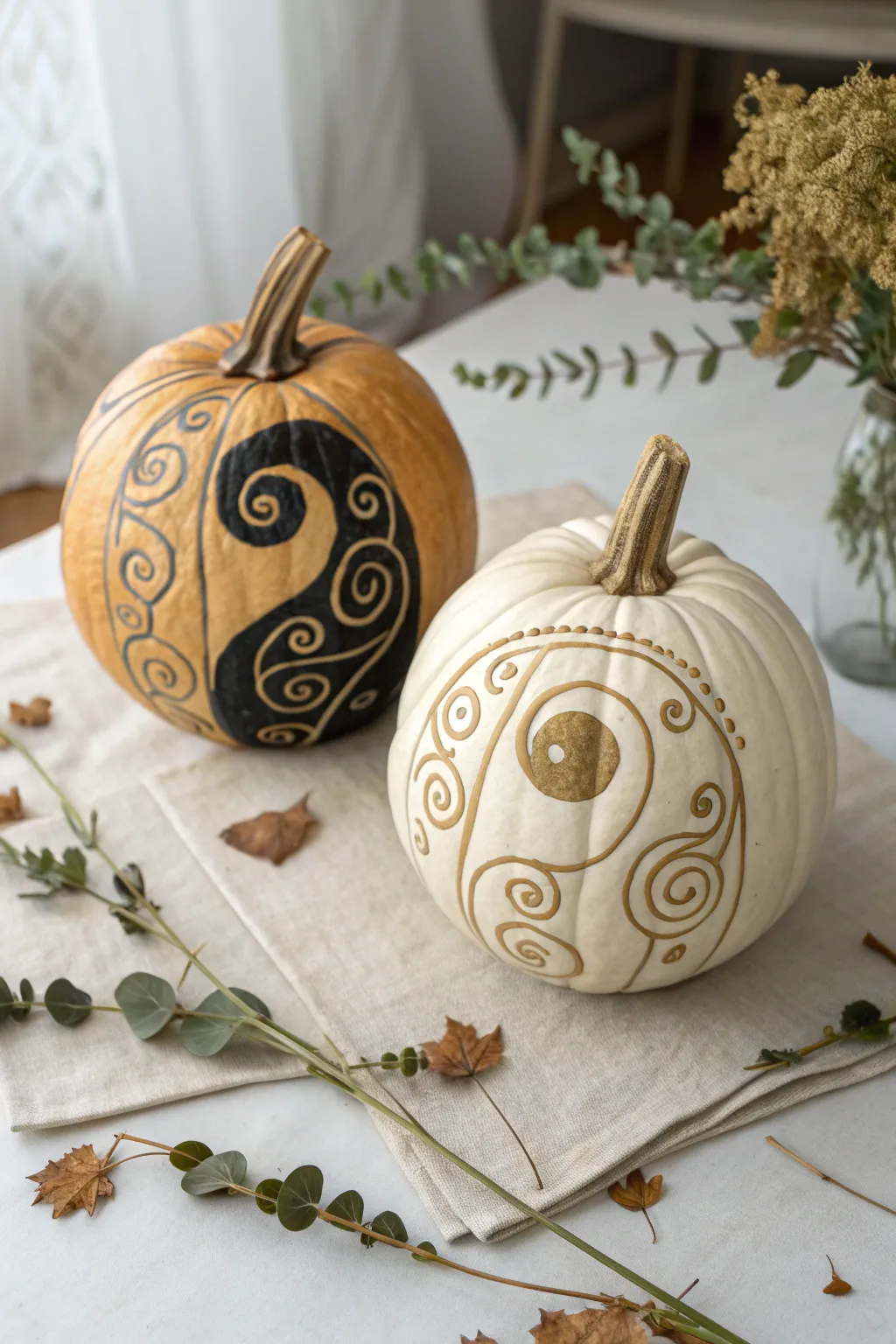 Yin-yang swirl couple pumpkins with mirrored paint for a minimalist, boho-chic fall look