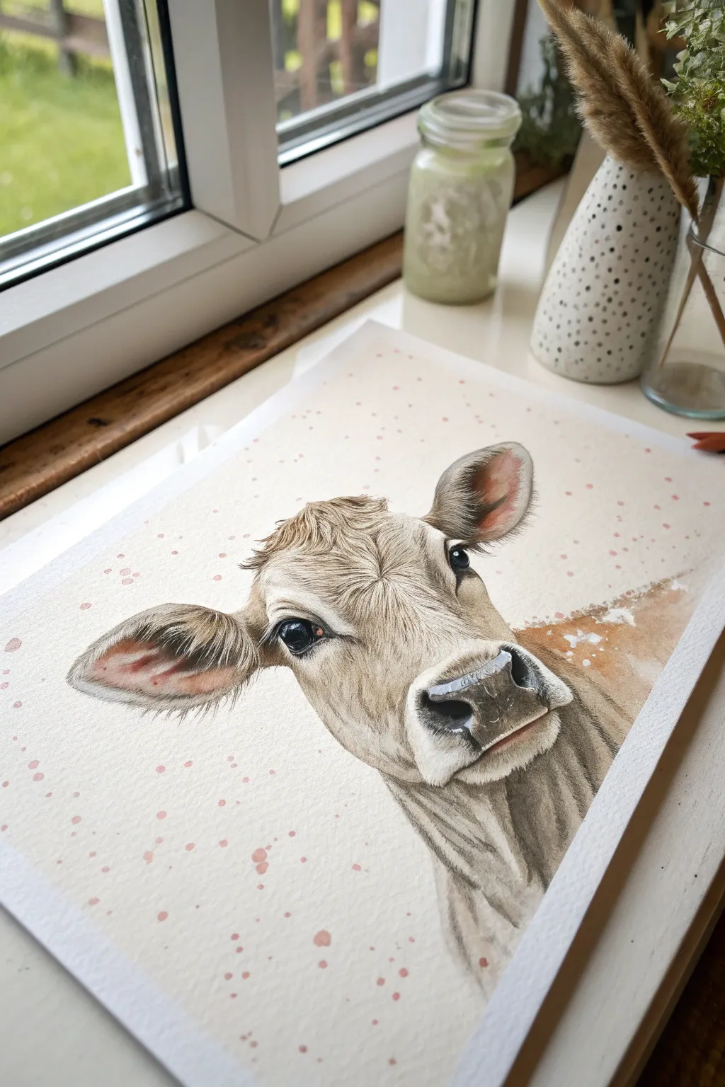 Whimsical cow portrait with oversized sparkly eyes, minimalist lines, and soft boho warmth.