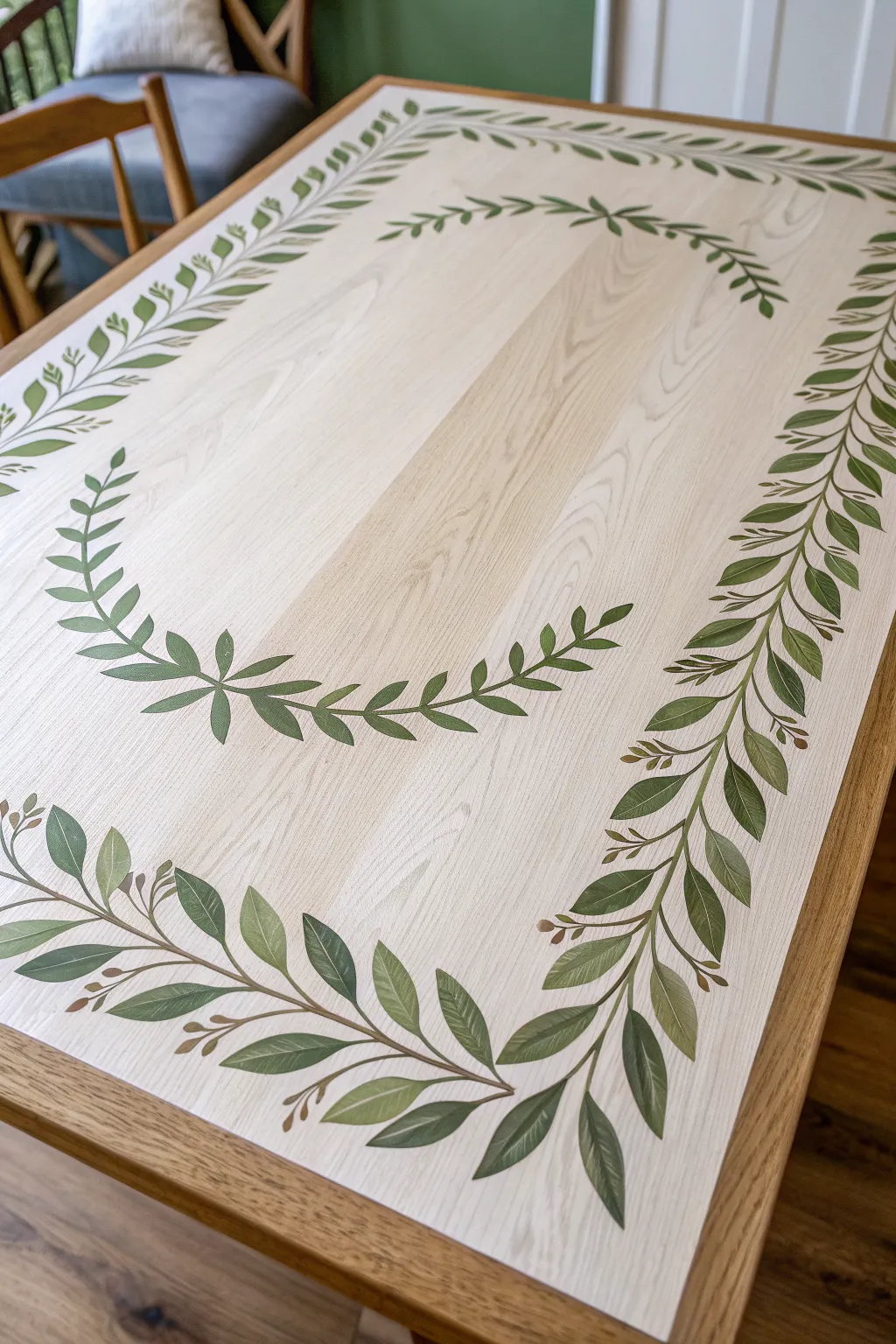 Leafy stencil border turns a plain tabletop into a calm botanical frame, perfect for DIY painters