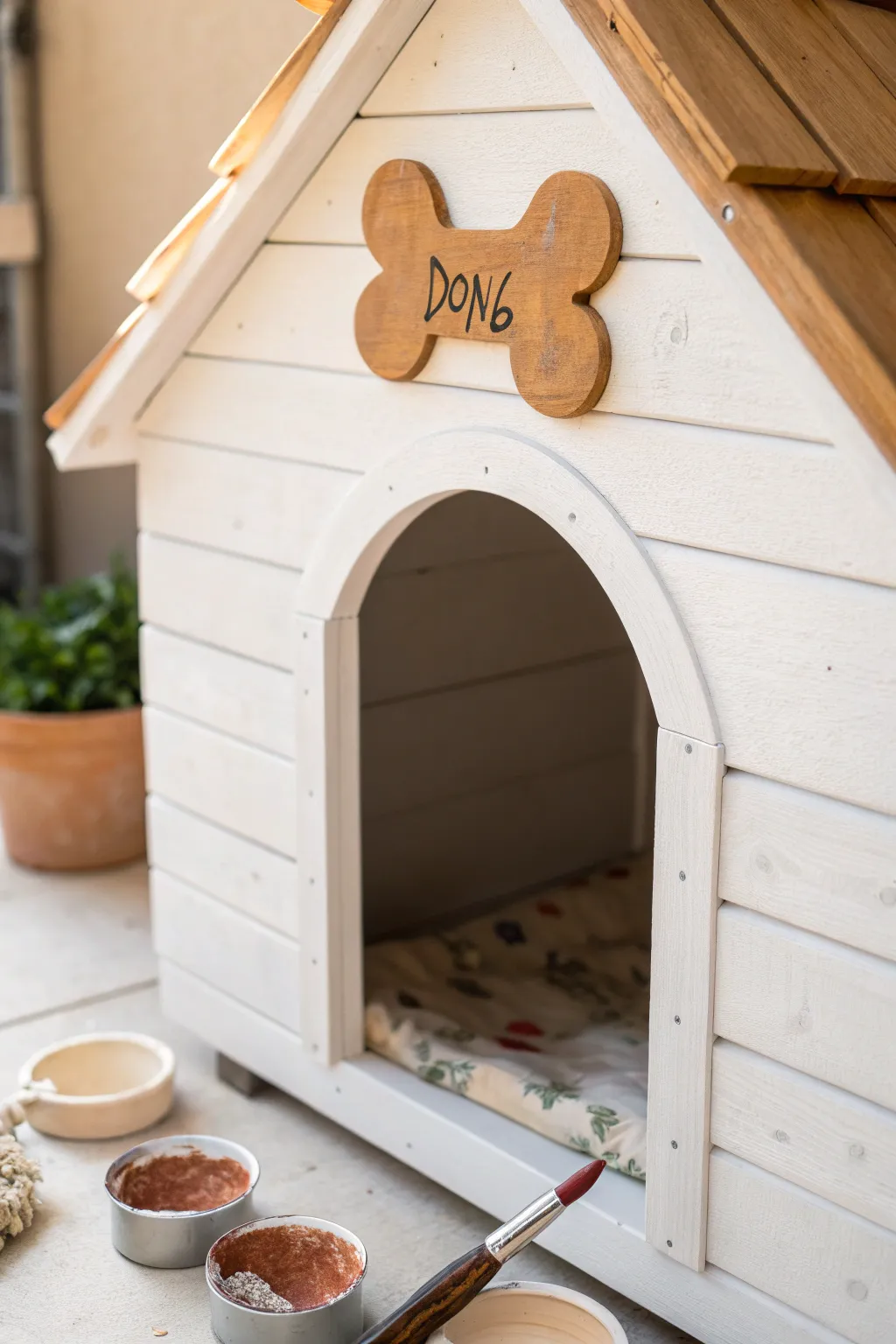 Minimal boho dog house name plaque concept with hand-painted charm and warm natural contrast