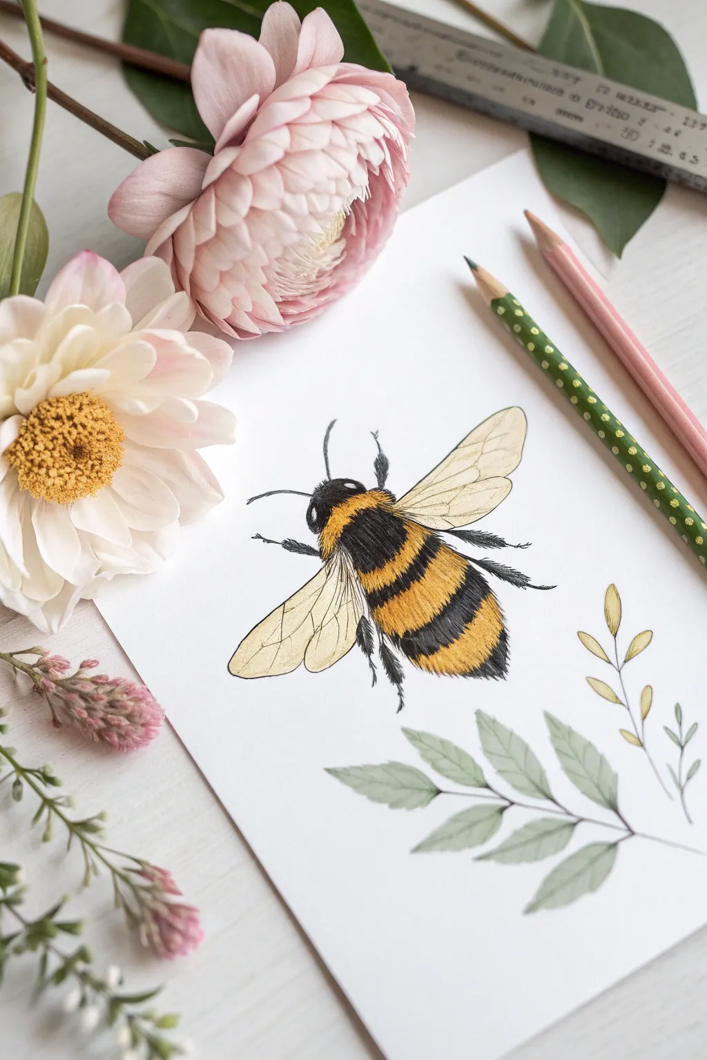 A cute striped bumblebee hovering over simple spring flowers, perfect for easy kids drawing