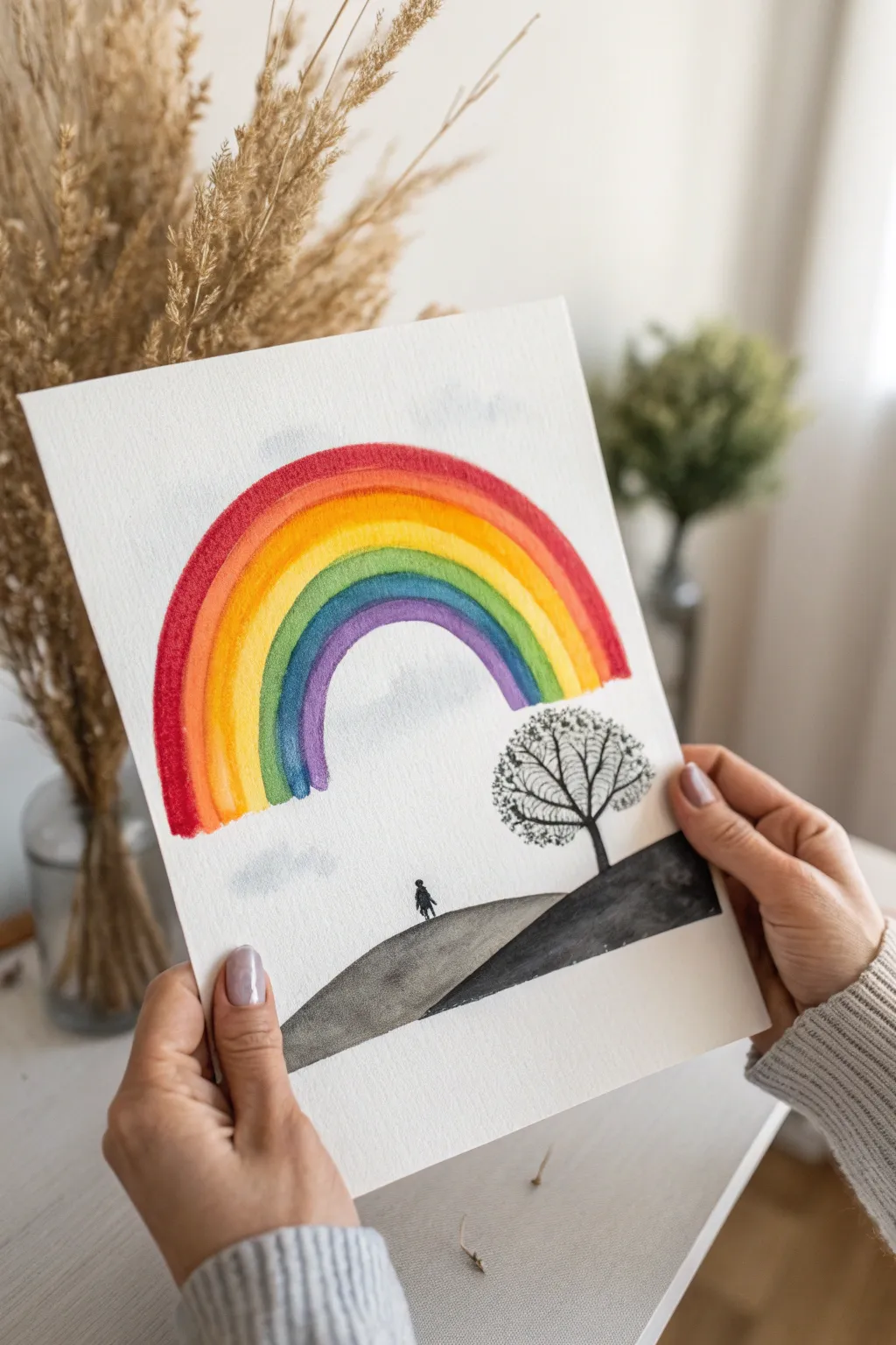 Bold rainbow arch over a simple horizon, minimalist and high-contrast with handcrafted texture