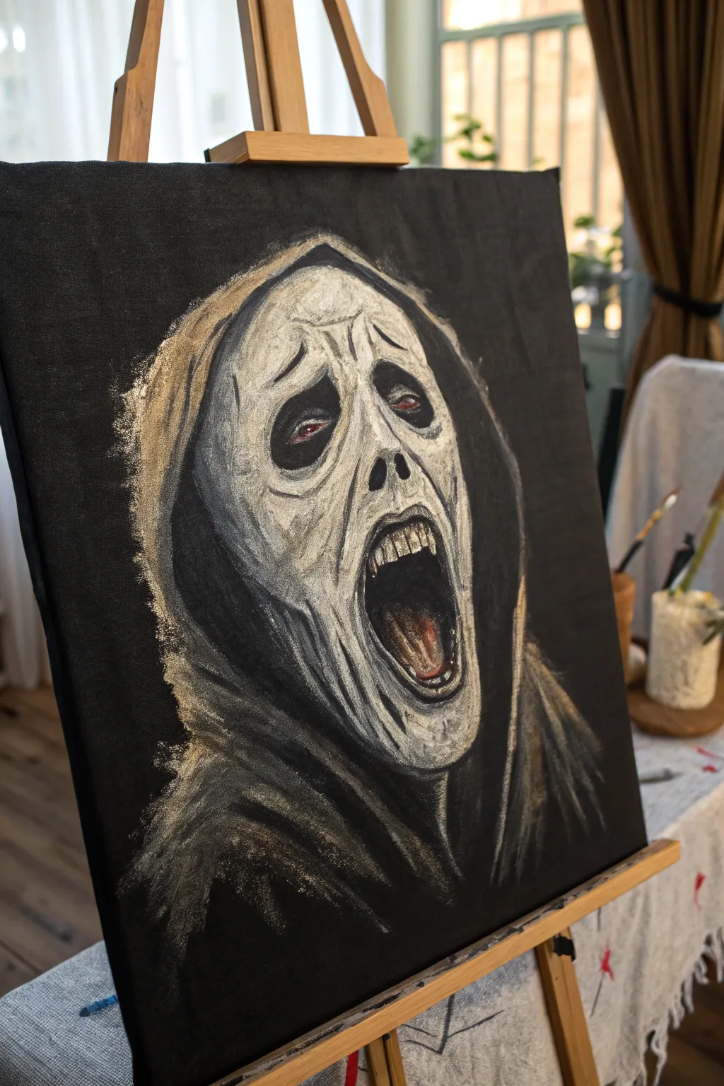 Haunting distorted scream portrait in stark chiaroscuro, minimalist yet deeply unsettling.