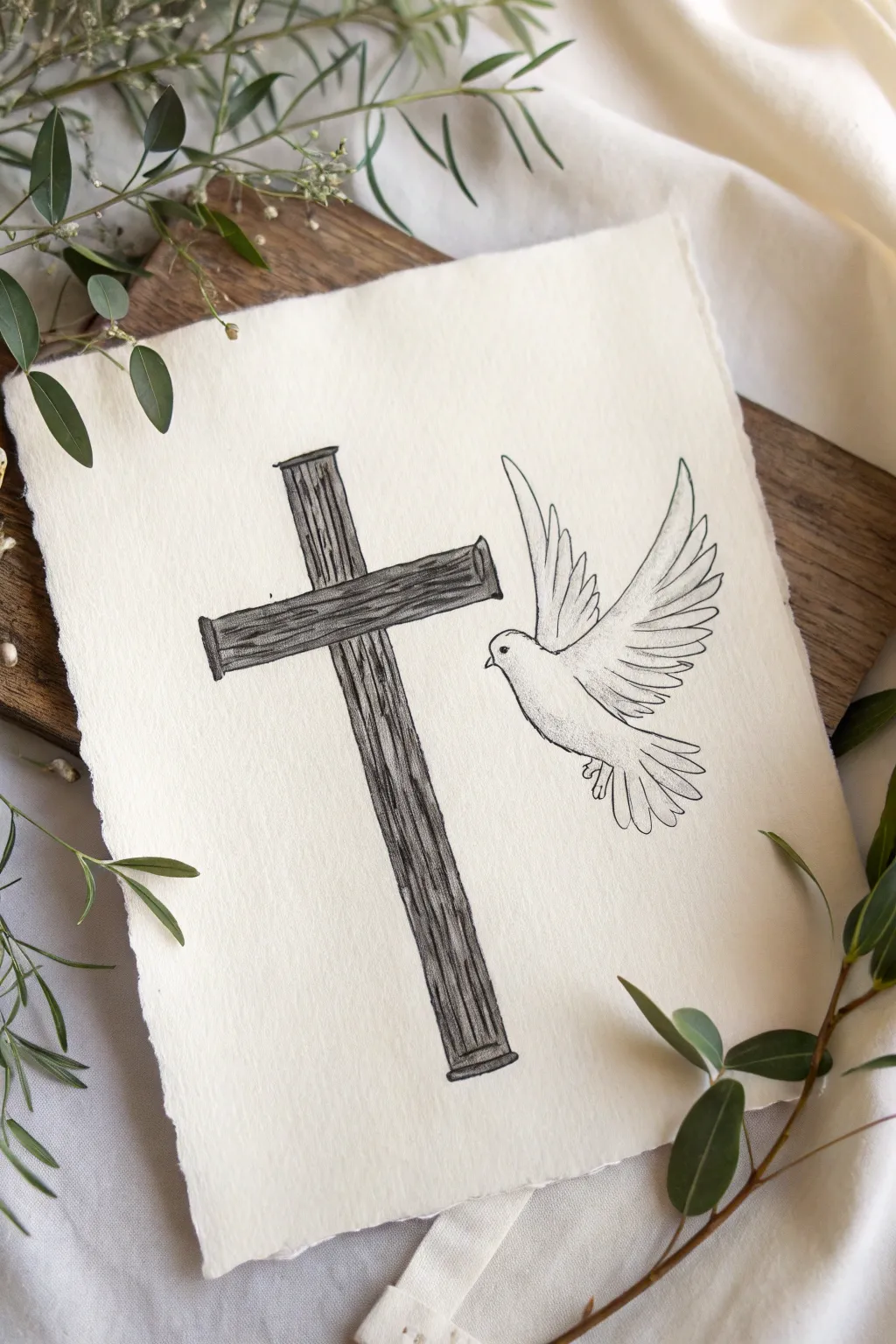 Minimalist dove in flight over a cross, crisp linework and soft wash tones for peaceful spirit.