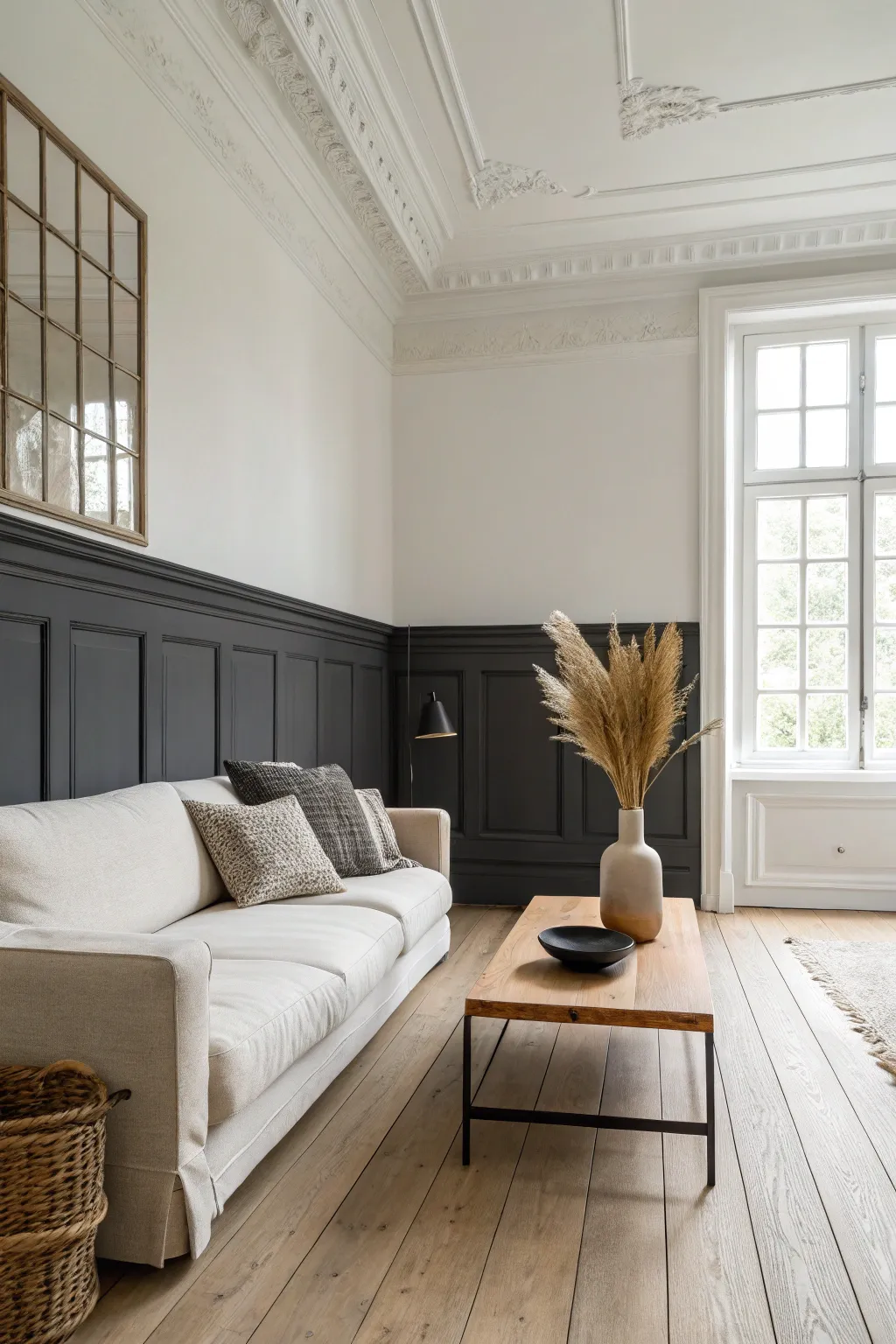 Charcoal crown molding adds a crisp modern cap to light walls in a calm minimalist room.
