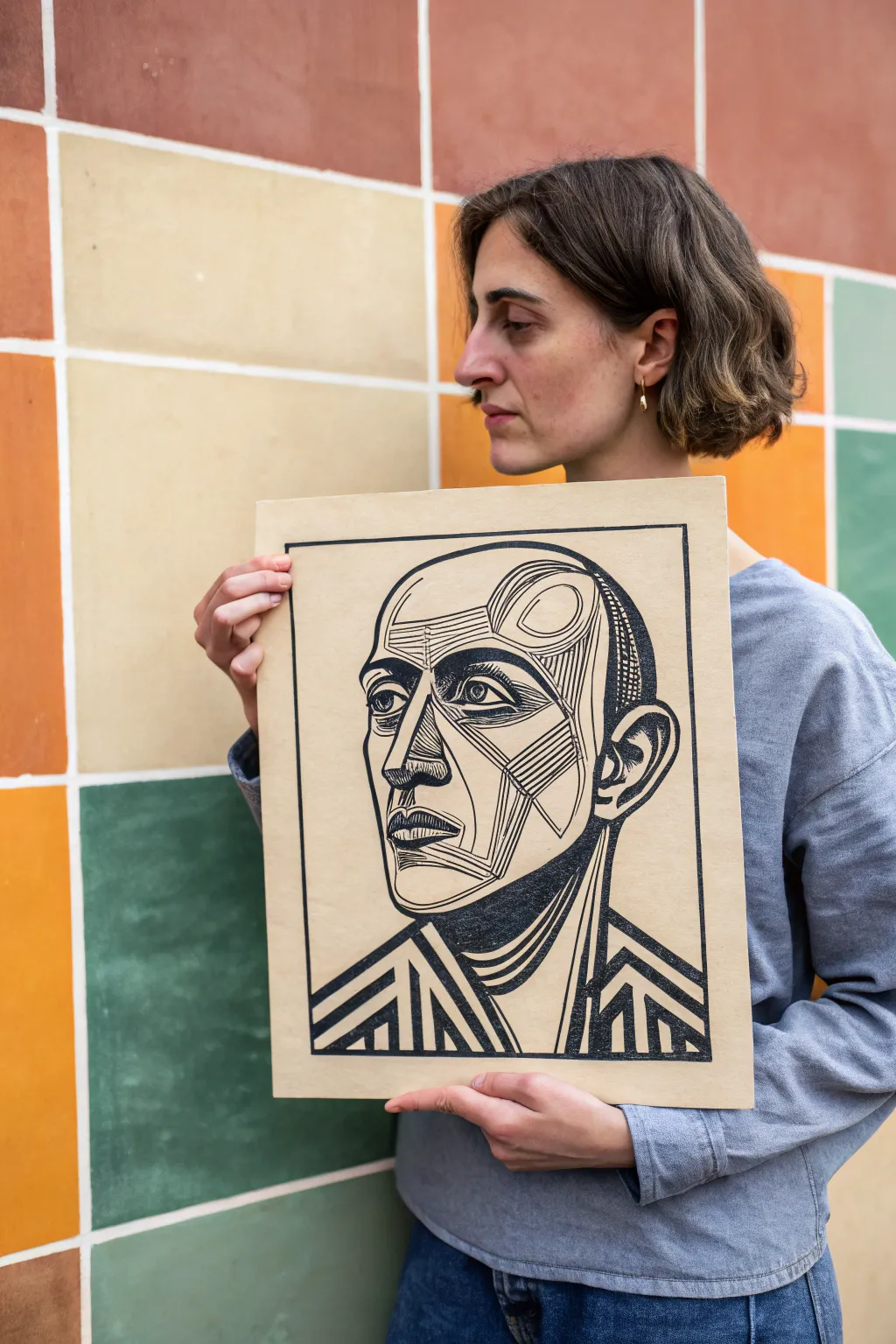 Cubist self-portrait in two viewpoints, bold black lines and calm neutral color blocks