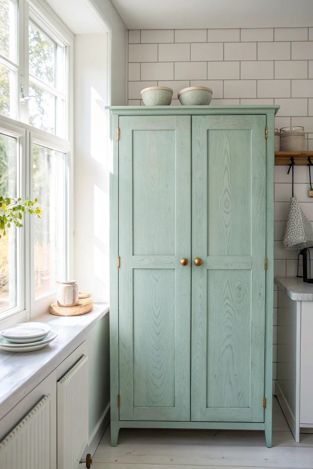 Soft mint pastel cupboards bring a playful refresh while keeping the kitchen airy and minimalist