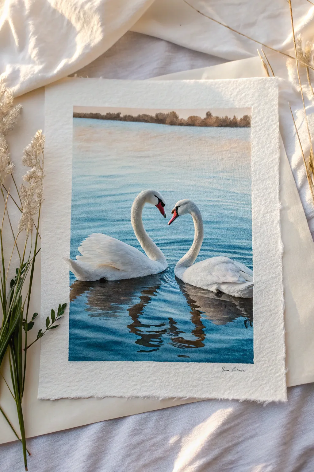 Two swans form a heart on a calm blue lake, a simple romantic couple painting idea
