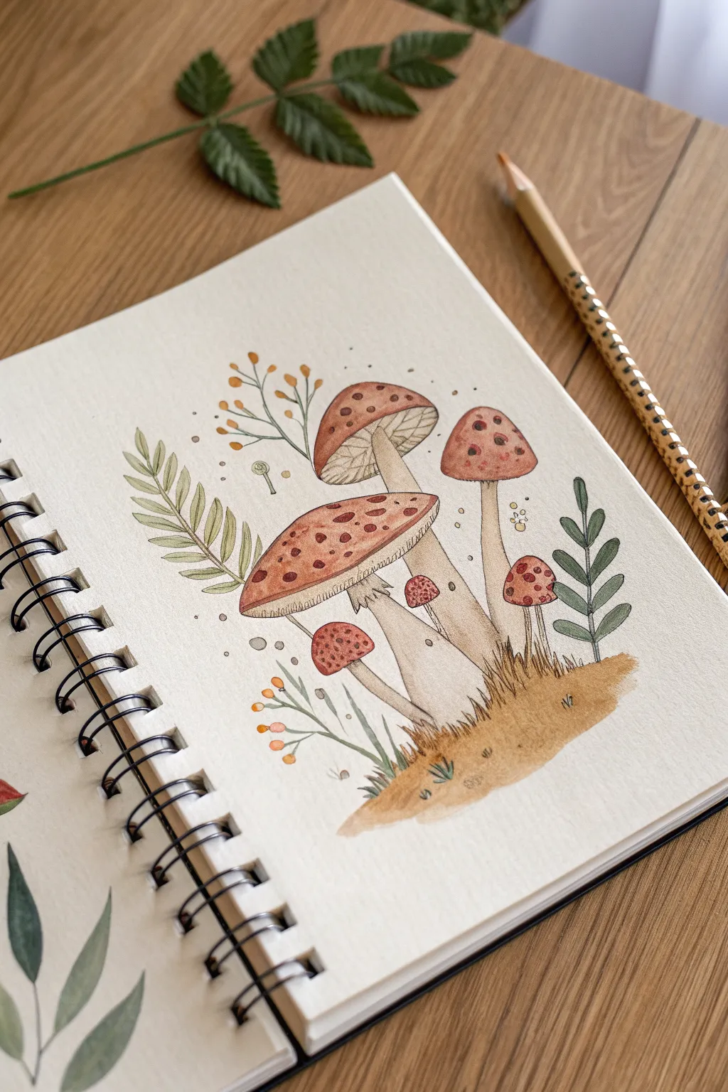 Mini mushroom doodles with sweet faces and tiny sprouts, minimalist forest charm