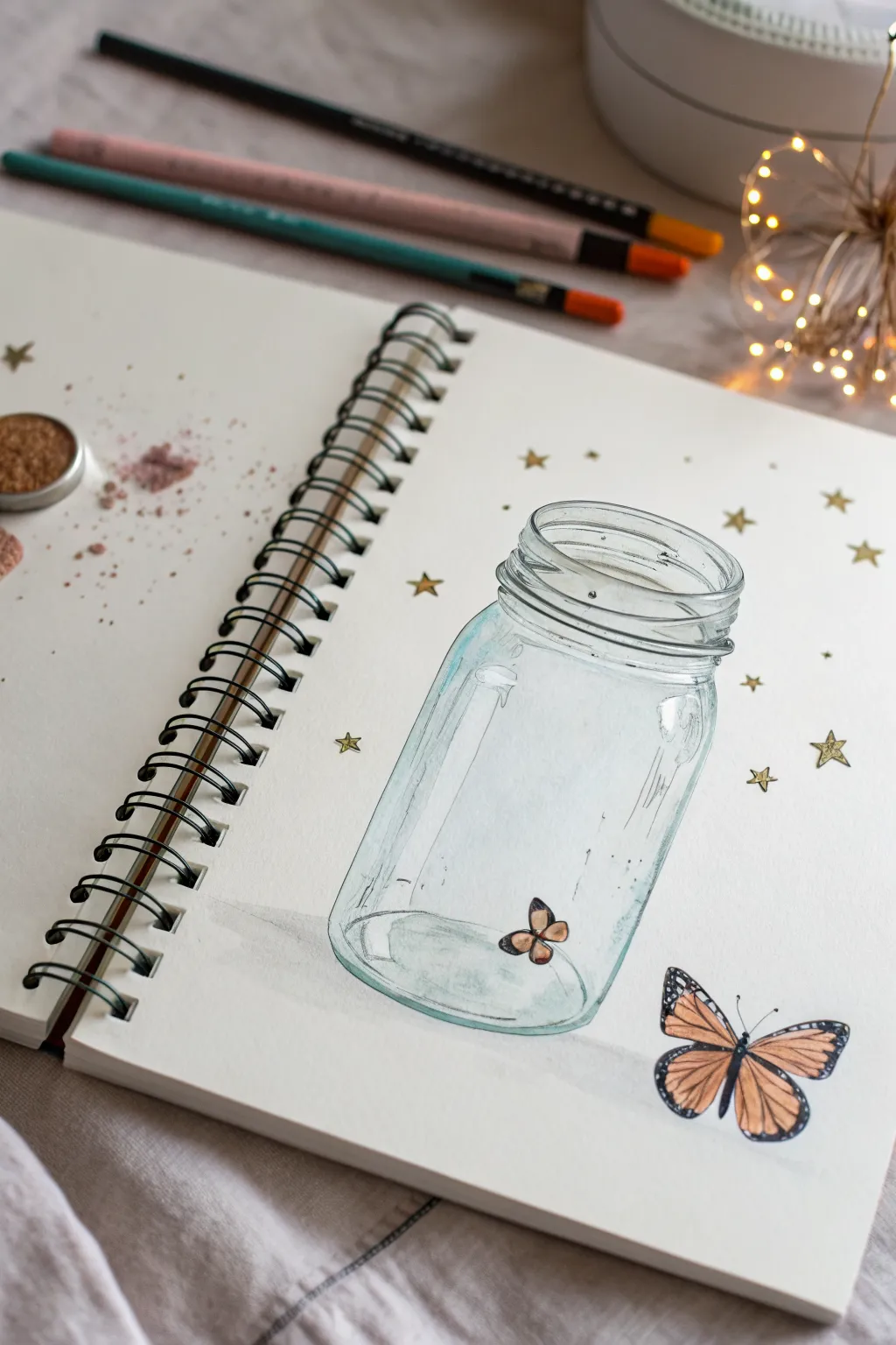 Minimal jar doodle with a butterfly escaping, soft blue-gray highlights and gentle sparkles.