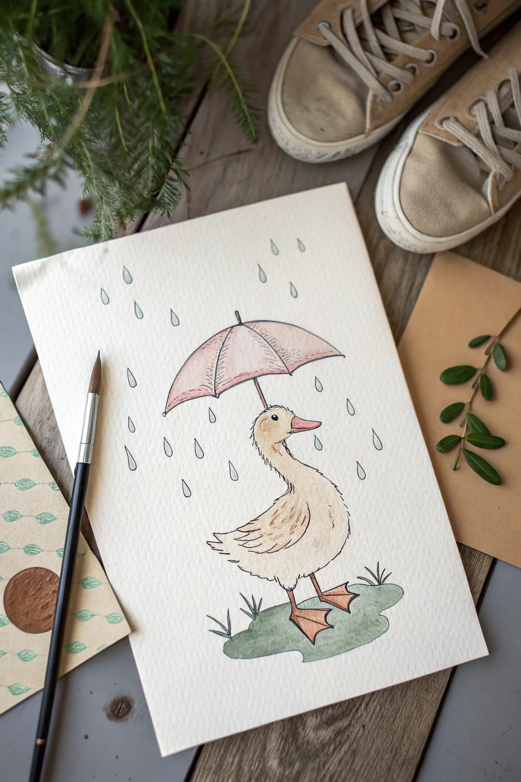 Cute minimalist duck with a tiny umbrella, soft watercolor and crisp ink for cozy rainy-day drawing