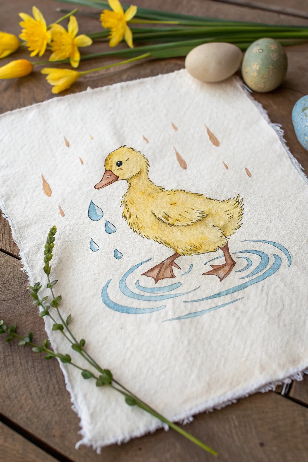 Round duckling splashing in a puddle, with playful droplets in minimalist Scandi-boho style.