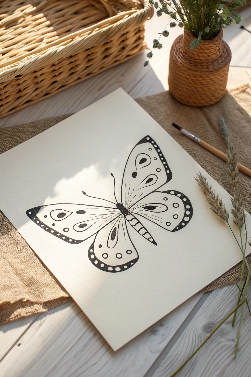 Easy symmetric butterfly doodle with cute dots and stripes, perfect for beginner sketchbooks