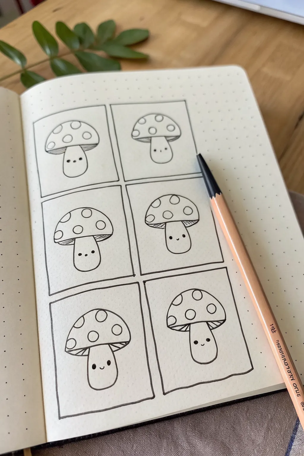 Cozy Mushroom Buddy in 6 easy panels, bold lines and simple shapes for quick sketching.