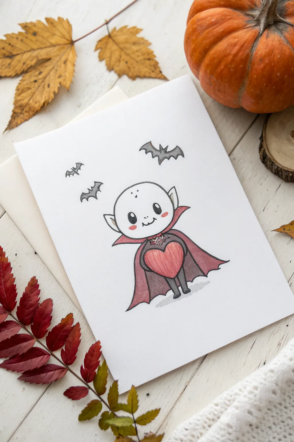 Little vampire with tiny fangs and a heart cape, simple lines and cozy Halloween charm