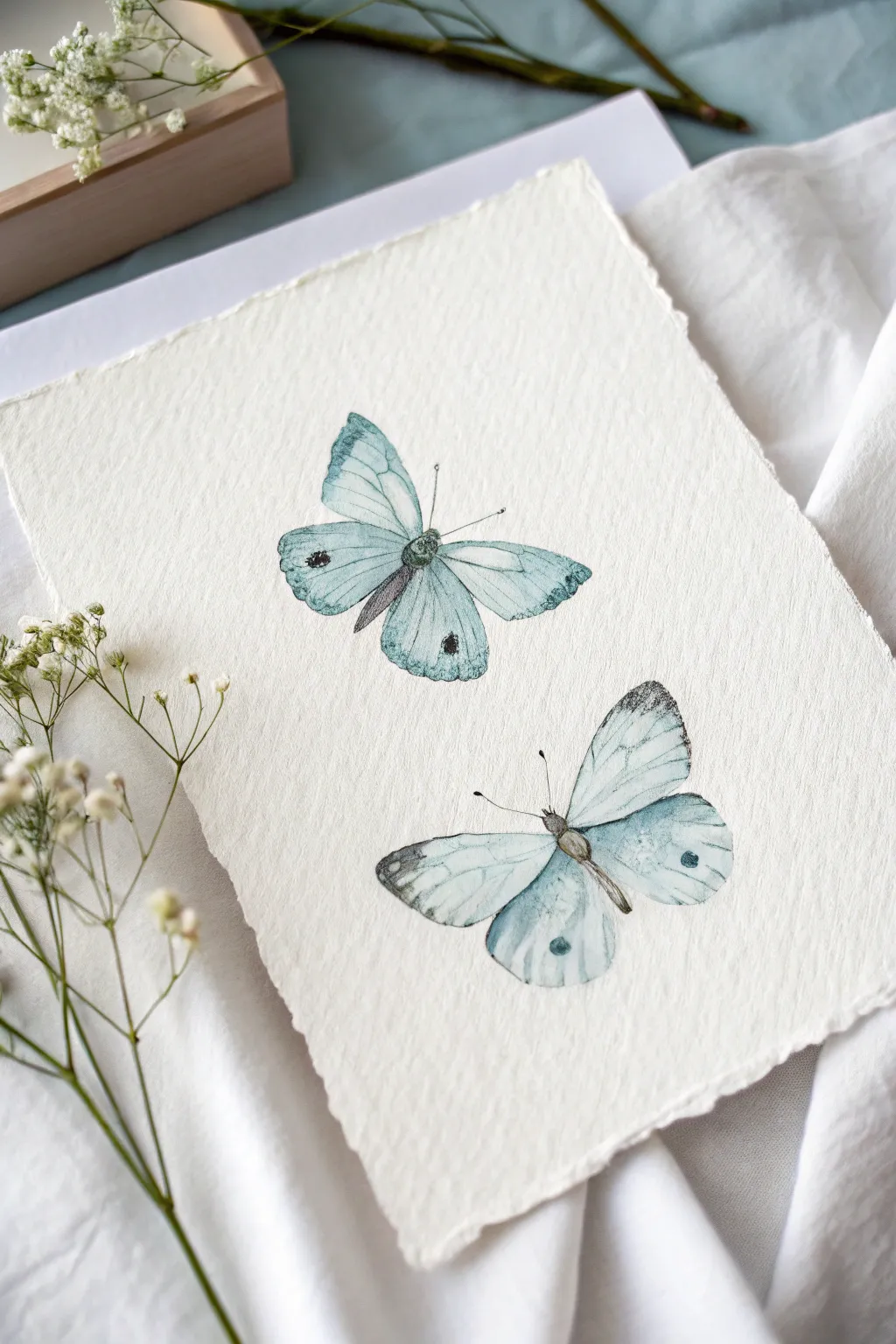 Paint two easy teardrop-wing butterflies in soft blues for a calm, airy watercolor look