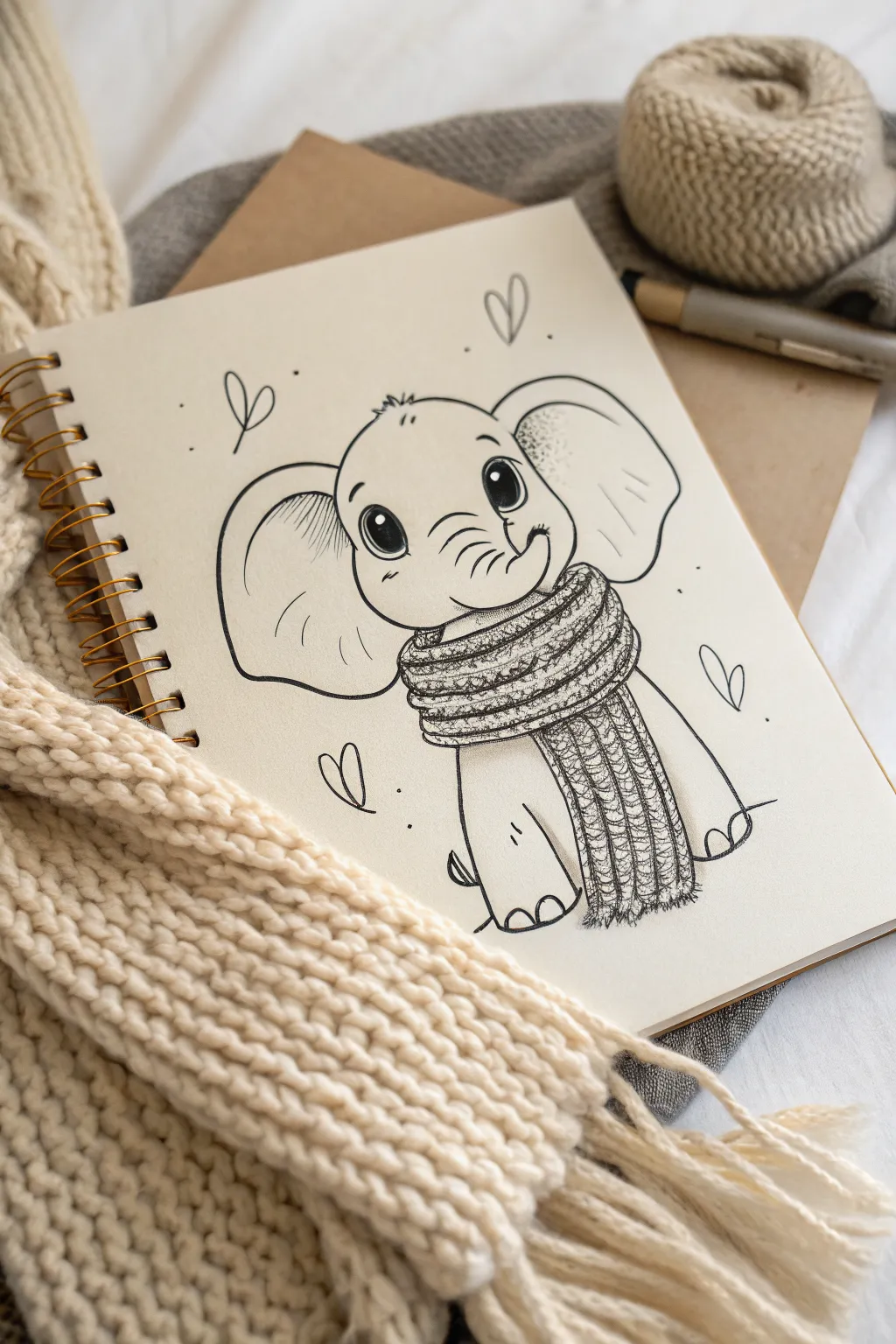 Cozy chibi elephant with a chunky scarf, minimalist lines and warm boho calm for easy sketching.