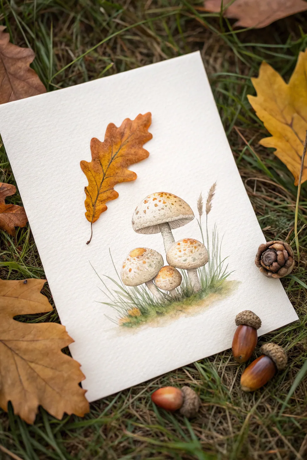 Simple mushroom cluster in warm autumn grass, a cozy fall painting idea for beginners