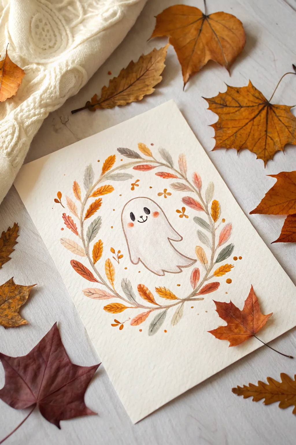 Friendly ghost with swirling autumn leaves, minimalist boho watercolor vibe for cozy fall ideas