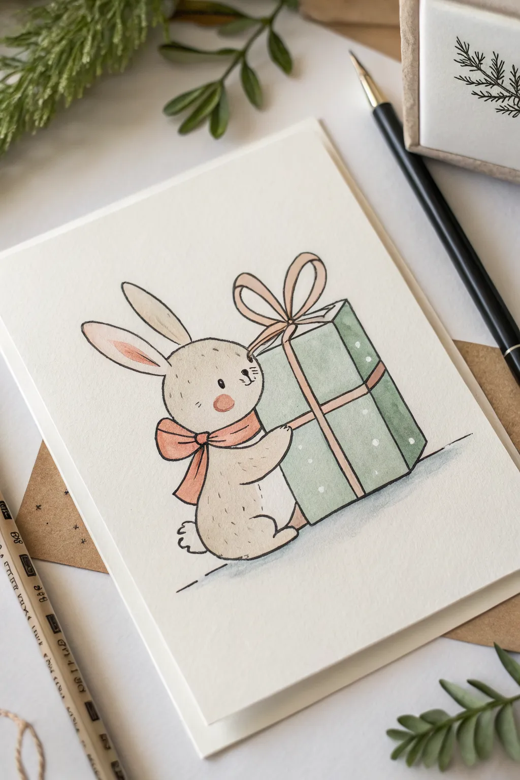 Cute bunny hugging a gift box with a big bow, simple and cozy drawing idea for beginners