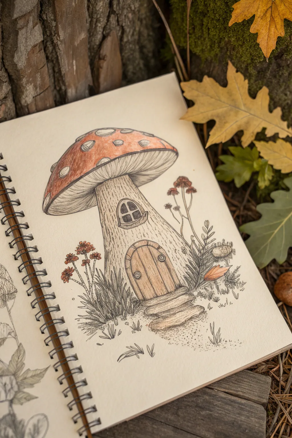 Try this detailed mushroom cottage drawing: tiny windows, shingles, and hanging plants.