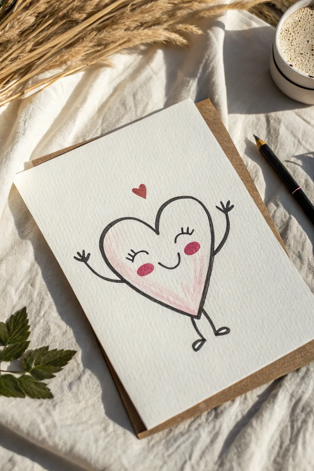 Heart-shaped love monster drawing idea with tiny self-hugging arms, blush cheeks, and sweet lashes