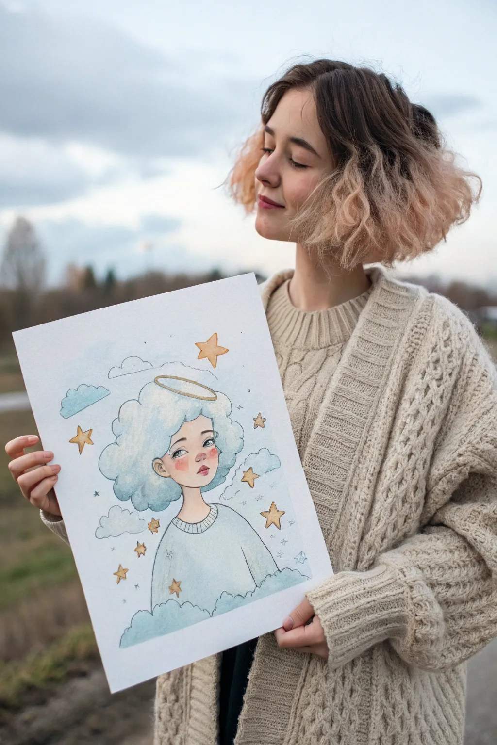 Cloud hair, star clips, and a floaty cardigan turn this OC into a pastel sky daydream.