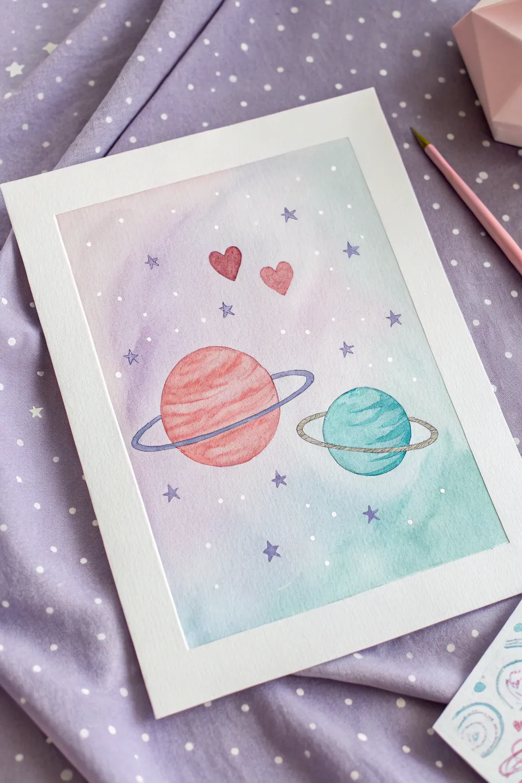 Paint sweet pastel heart planets on a dreamy starry backdrop for an easy cute aesthetic.