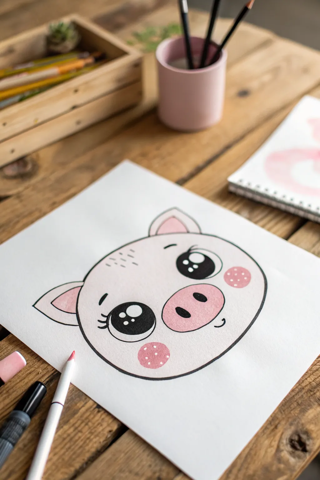 Minimal kawaii pig face with sparkly eyes and rosy blush, perfect for easy painting practice