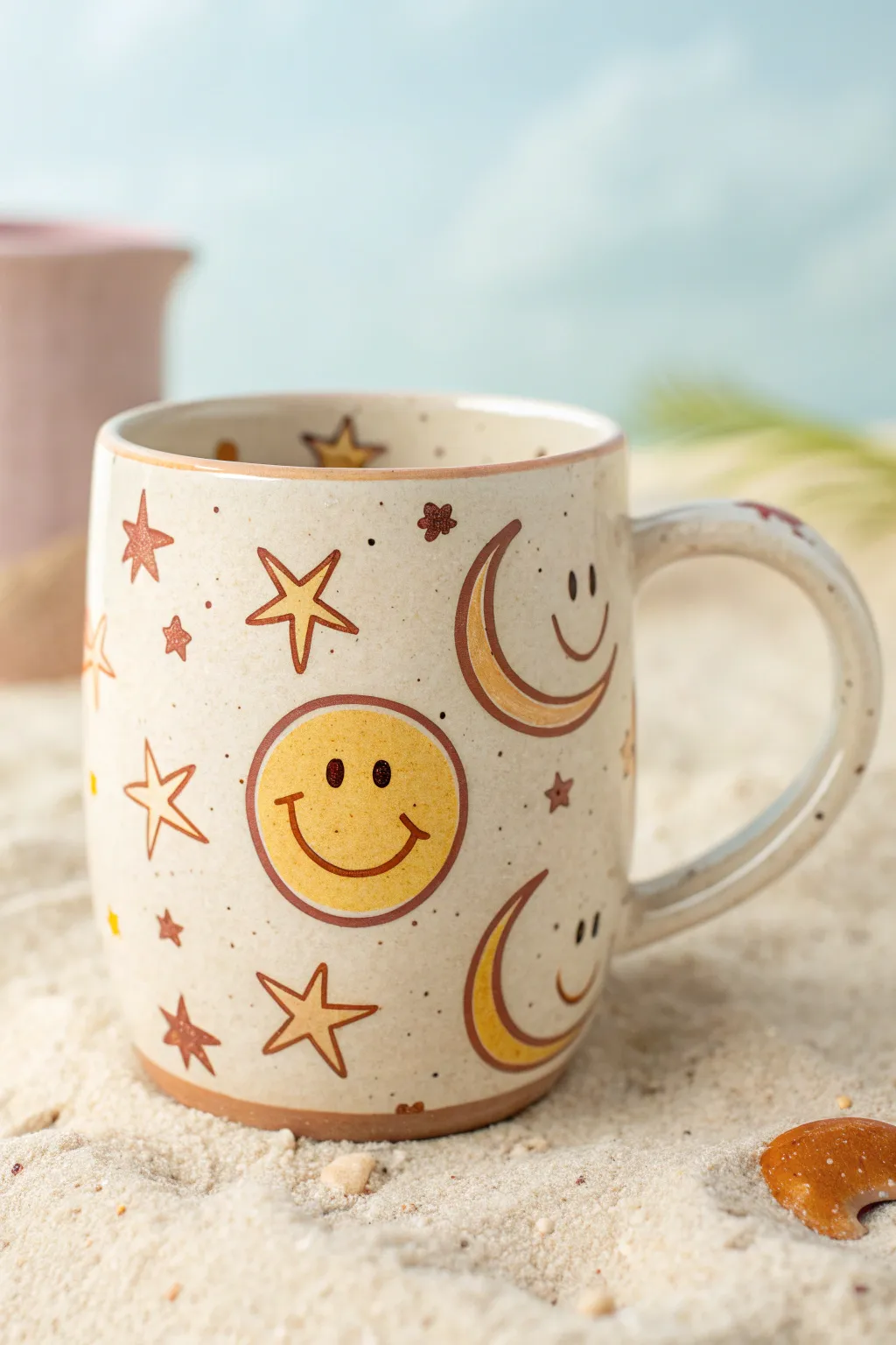 Paint a cheerful mug with smiley stars and moons in buttery yellow and soft peach tones