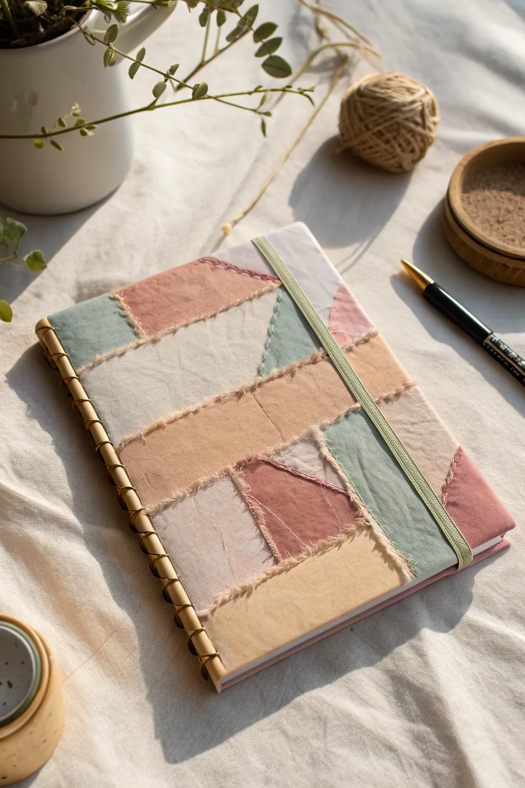 Patchwork torn-paper collage sketchbook cover idea with minimalist, cozy boho contrast