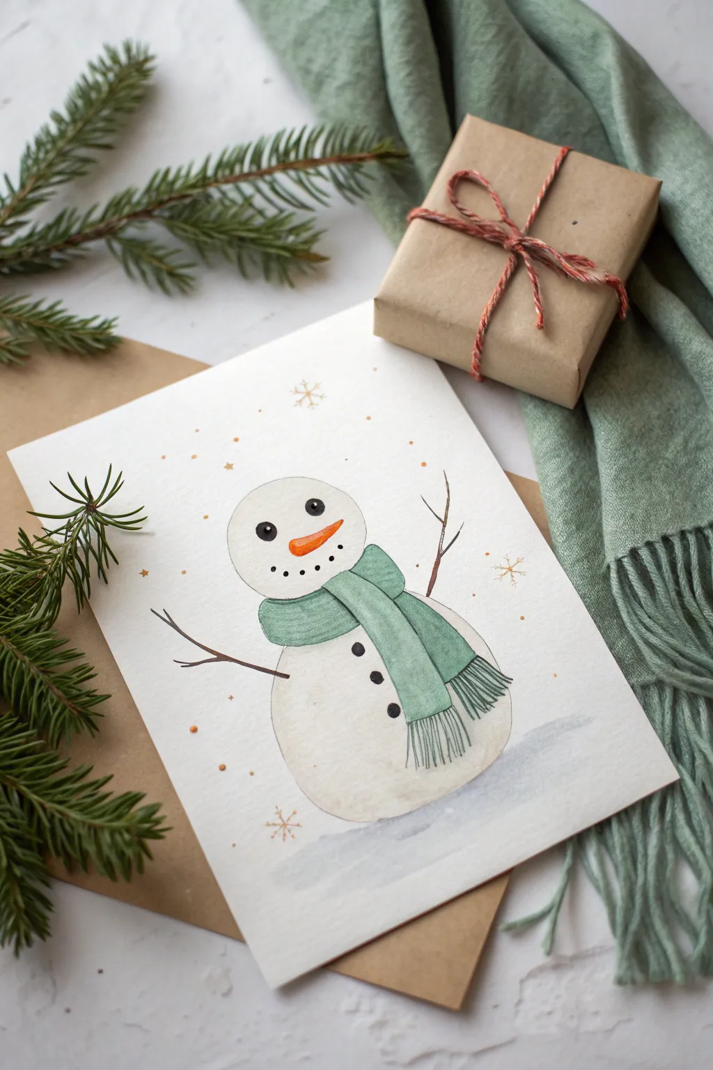 Cozy snowman sketch hugging a wrapped gift, perfect for simple festive Scandinavian style.