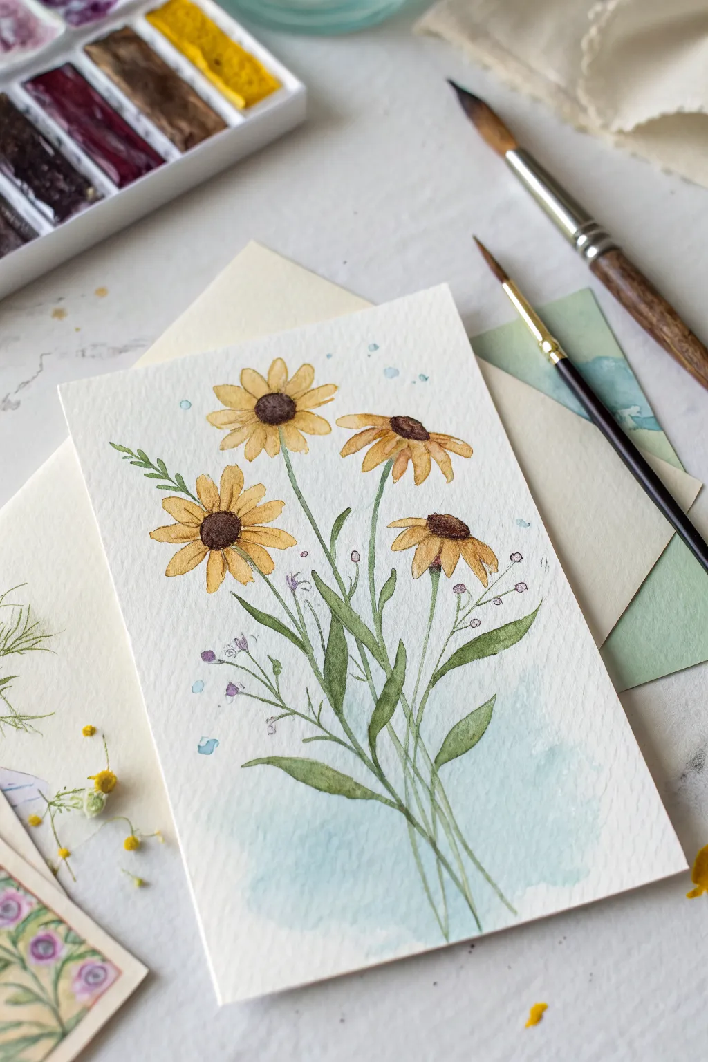 Mini sunflower bouquet card idea: 5 tiny blooms with a soft wash background, simple and sweet.