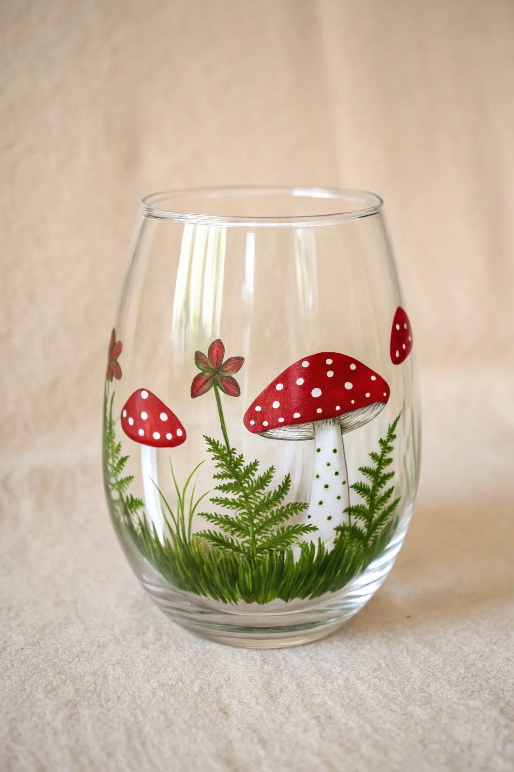 Add a touch of forest whimsy to your sips with this adorable hand-painted toadstool design.
