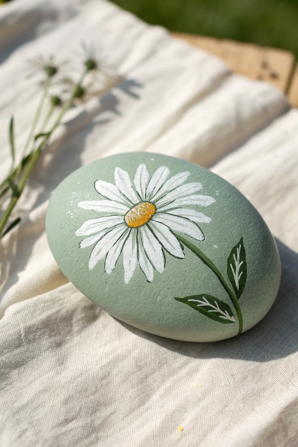 Simple negative-space daisy rock: stone petals on a muted field, calm Scandinavian boho vibe.