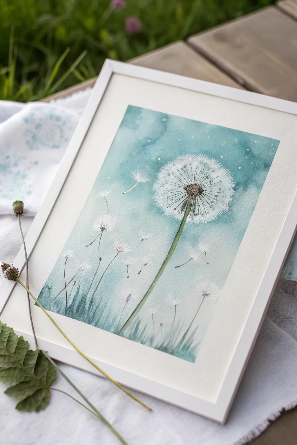 Negative-space dandelion puff on a dreamy teal wash, airy, modern, and beautifully minimal