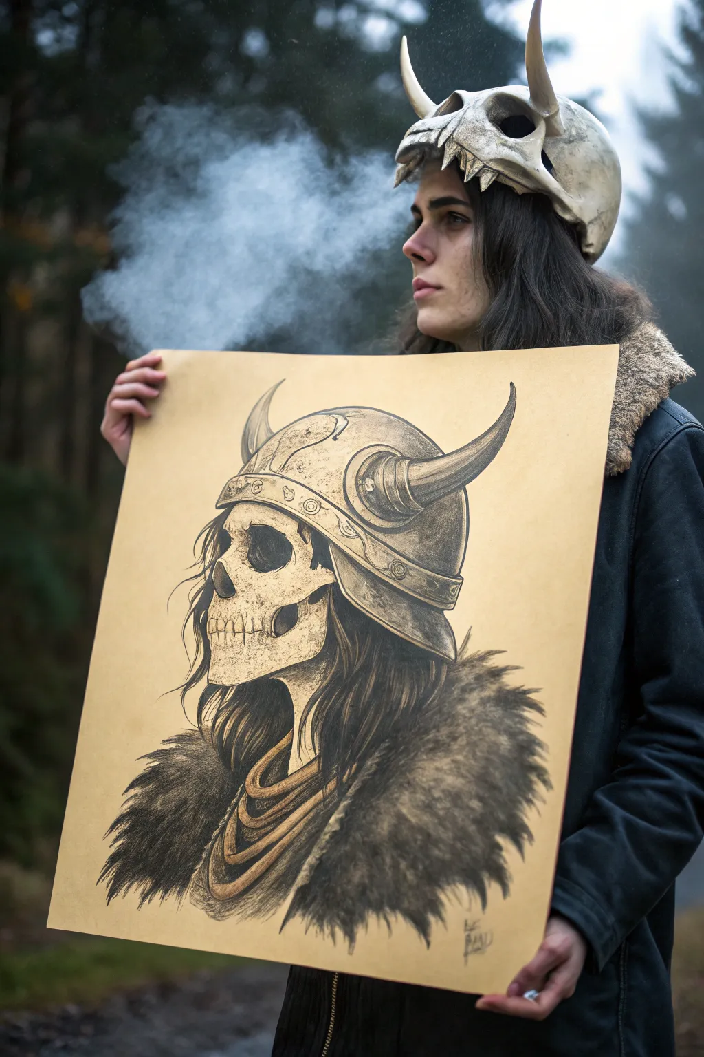 Dark spirit hunter anime sketch with animal skull helm, foggy ash specks, minimalist mood.