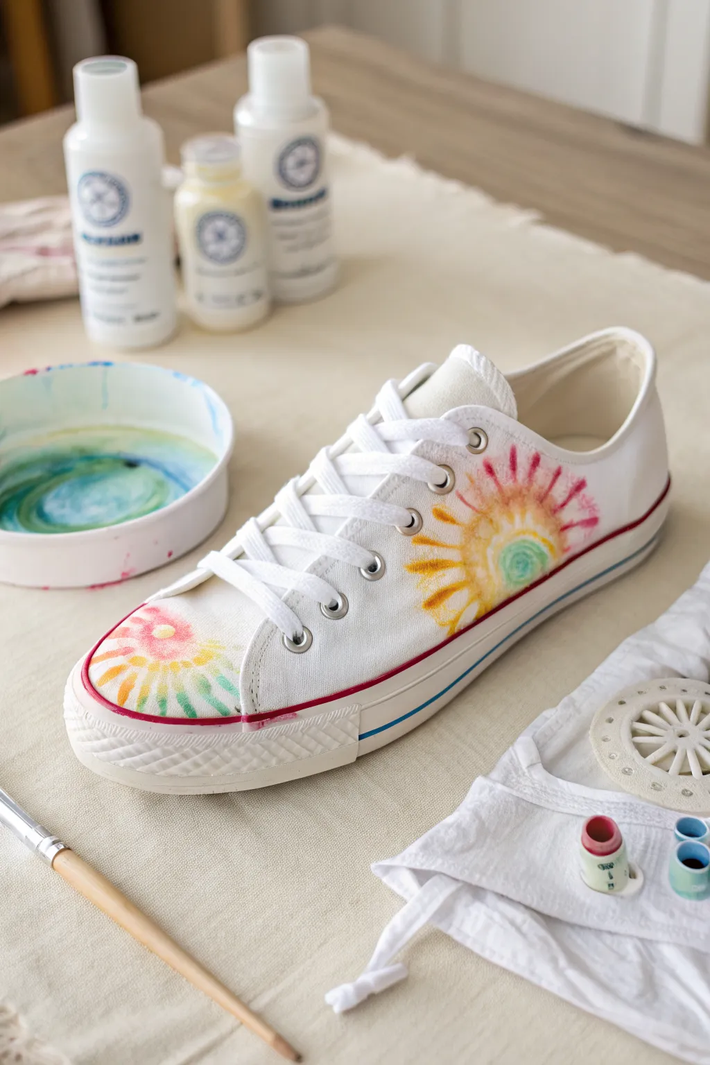 Tie-dye swirl canvas shoe in progress, vibrant spirals on a clean minimalist boho workspace.