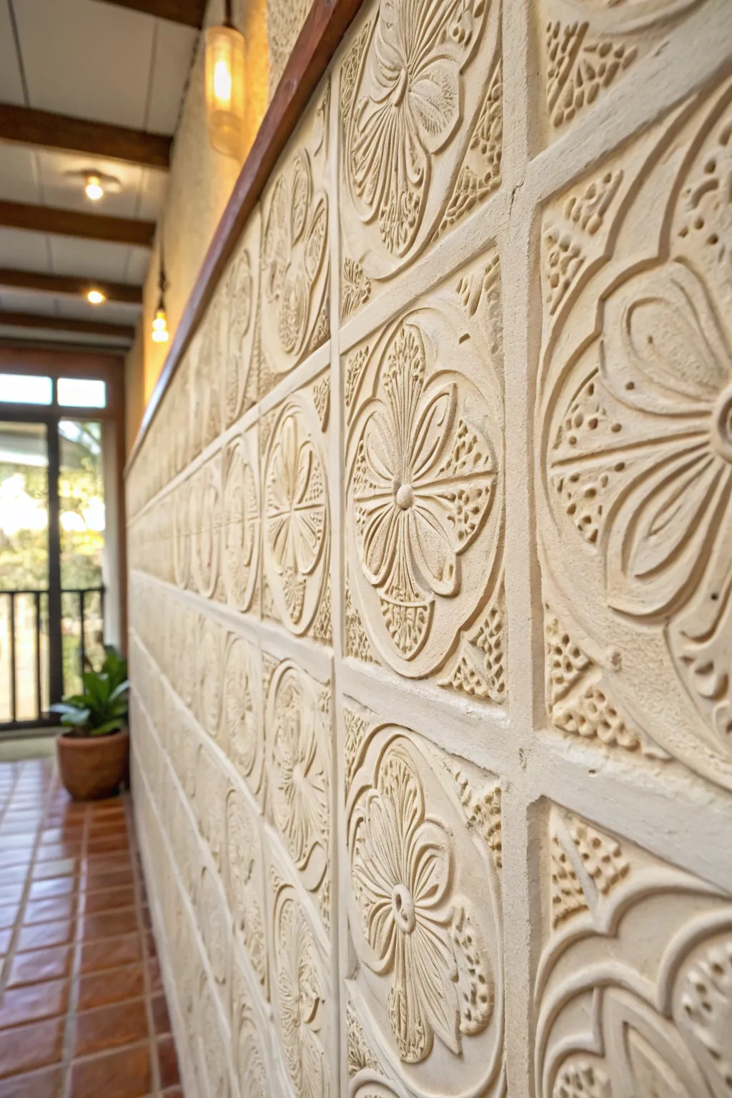 Perfectly imperfect hand-stamped motifs bring cozy Scandinavian-boho texture to a feature wall.