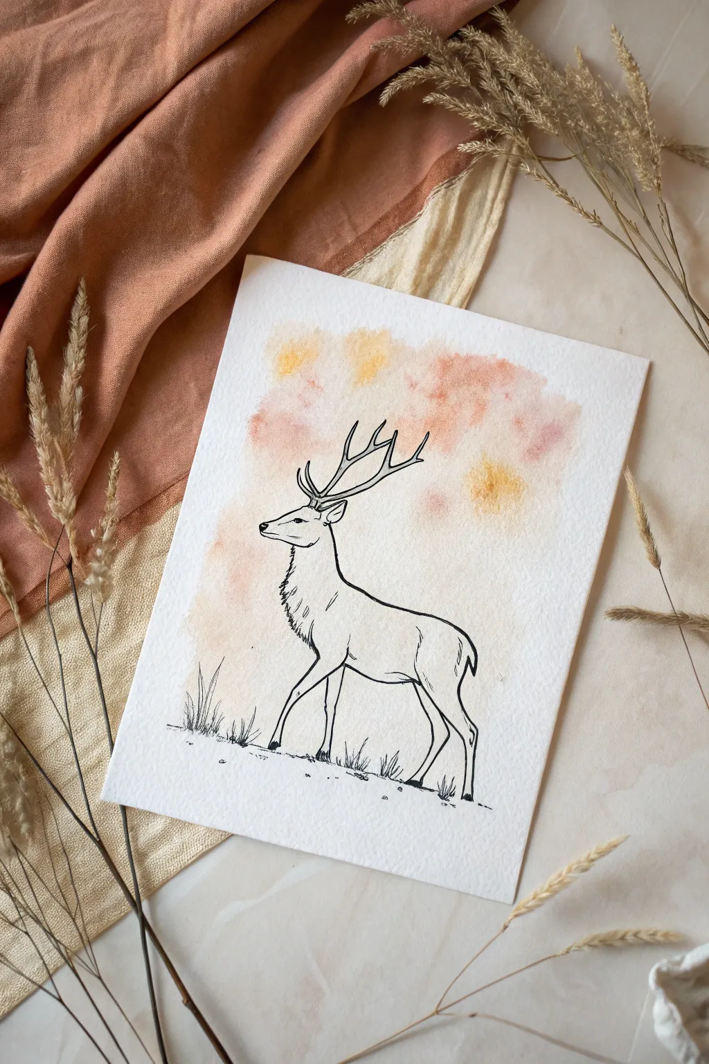 Minimal line art deer with airy watercolor wash for a calm Scandinavian-boho vibe.