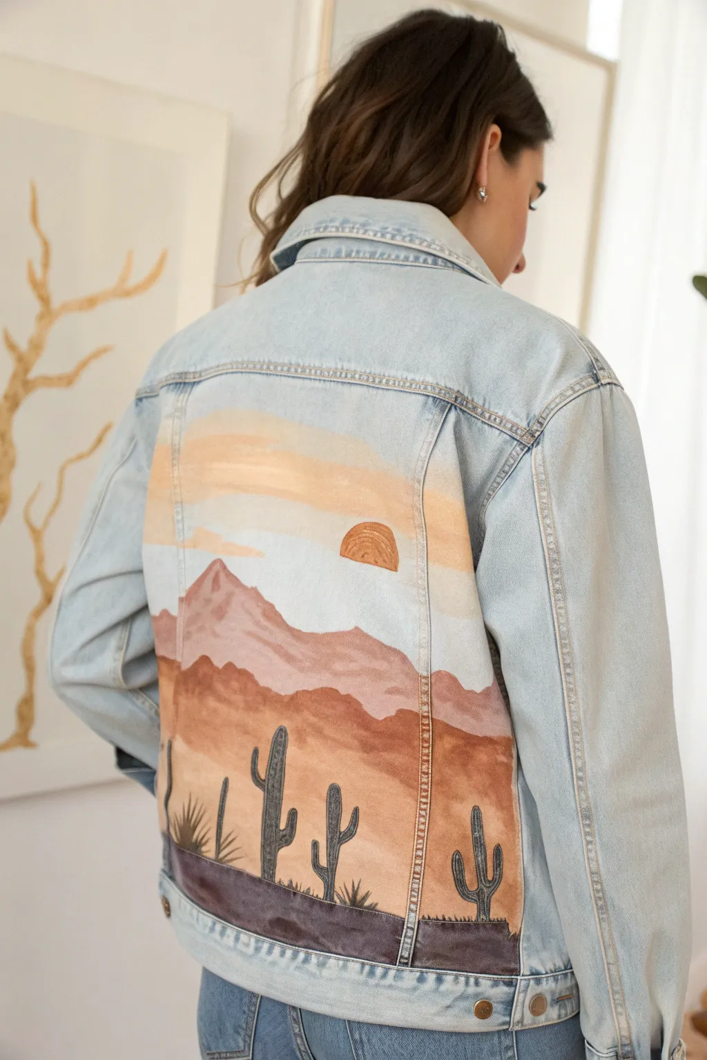 Warm desert cactus motif on a denim jacket for minimalist boho painting inspiration.