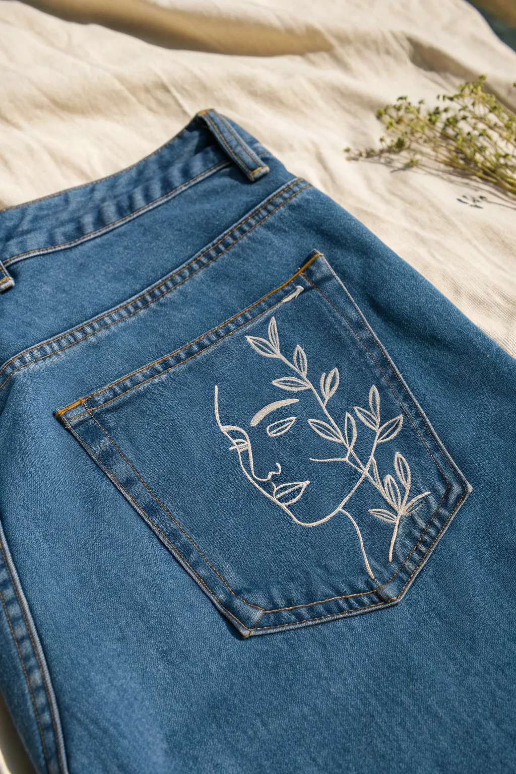 Minimal line art on a denim back pocket—clean, modern, and beginner-friendly to paint.