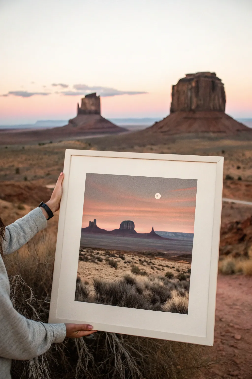 Minimal mesa silhouettes in deep brown against a dusty pink dusk sky with a tiny sun glow.