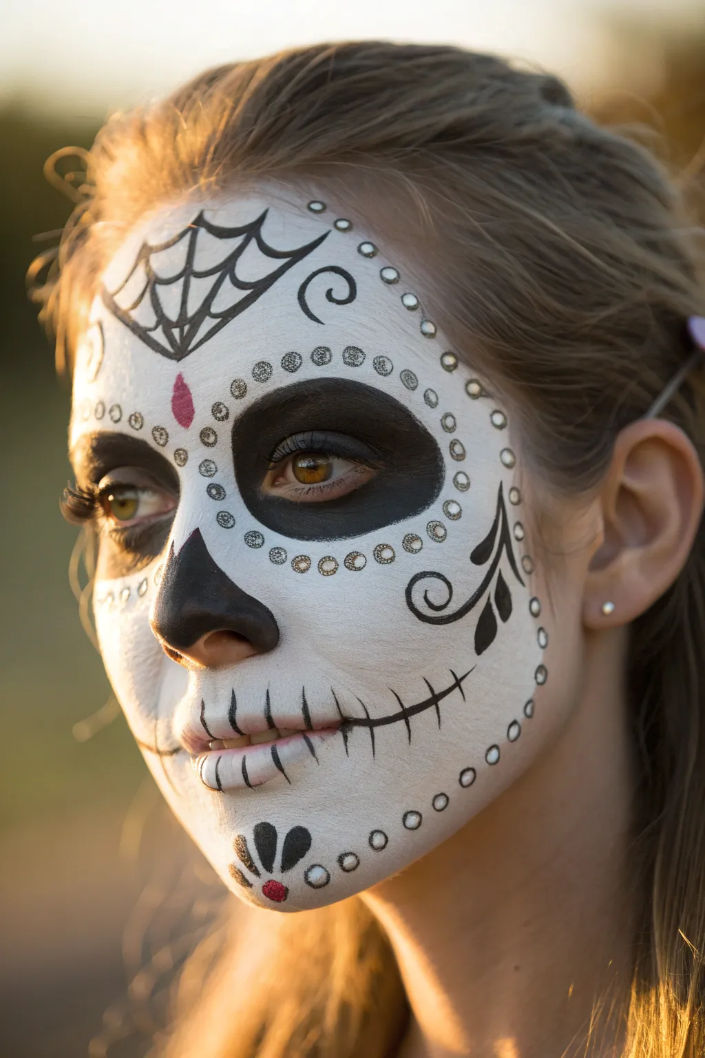 Elegant sugar skull eyes framed by a neat rhinestone halo in warm, minimalist La Catrina style.