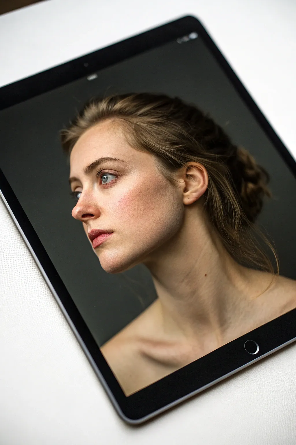 Rim-light portrait in three values: dark background, midtone face, and a glowing edge highlight