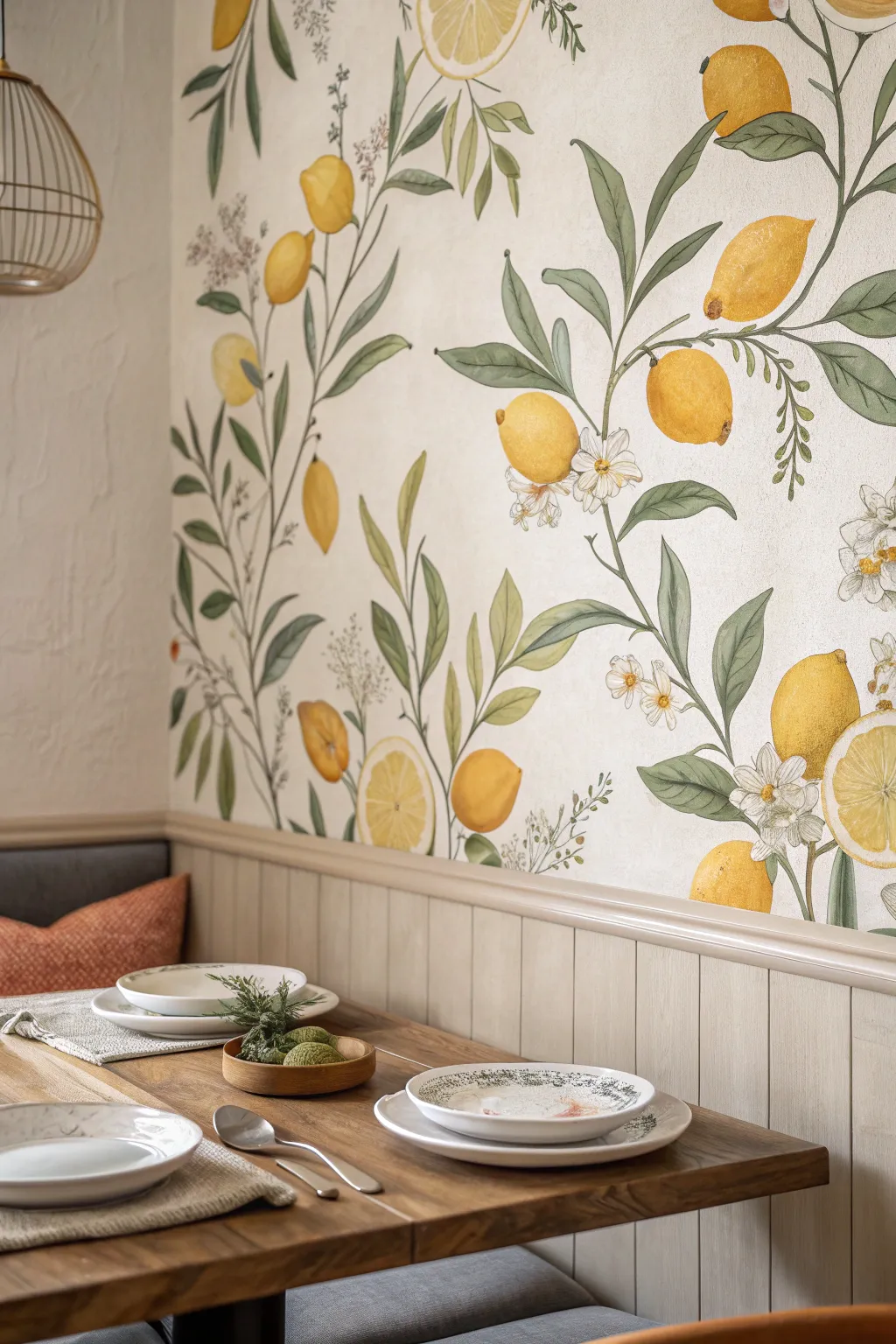Fresh citrus and herbs mural brings sunny Scandinavian calm to a cozy breakfast nook