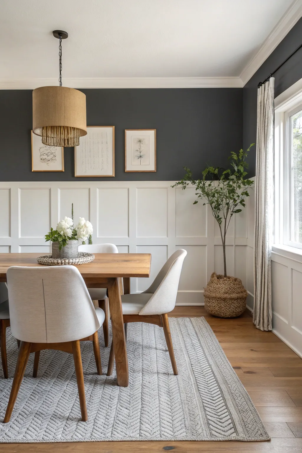 Two-tone dining wall with crisp chair rail and wainscoting for instant depth and calm.