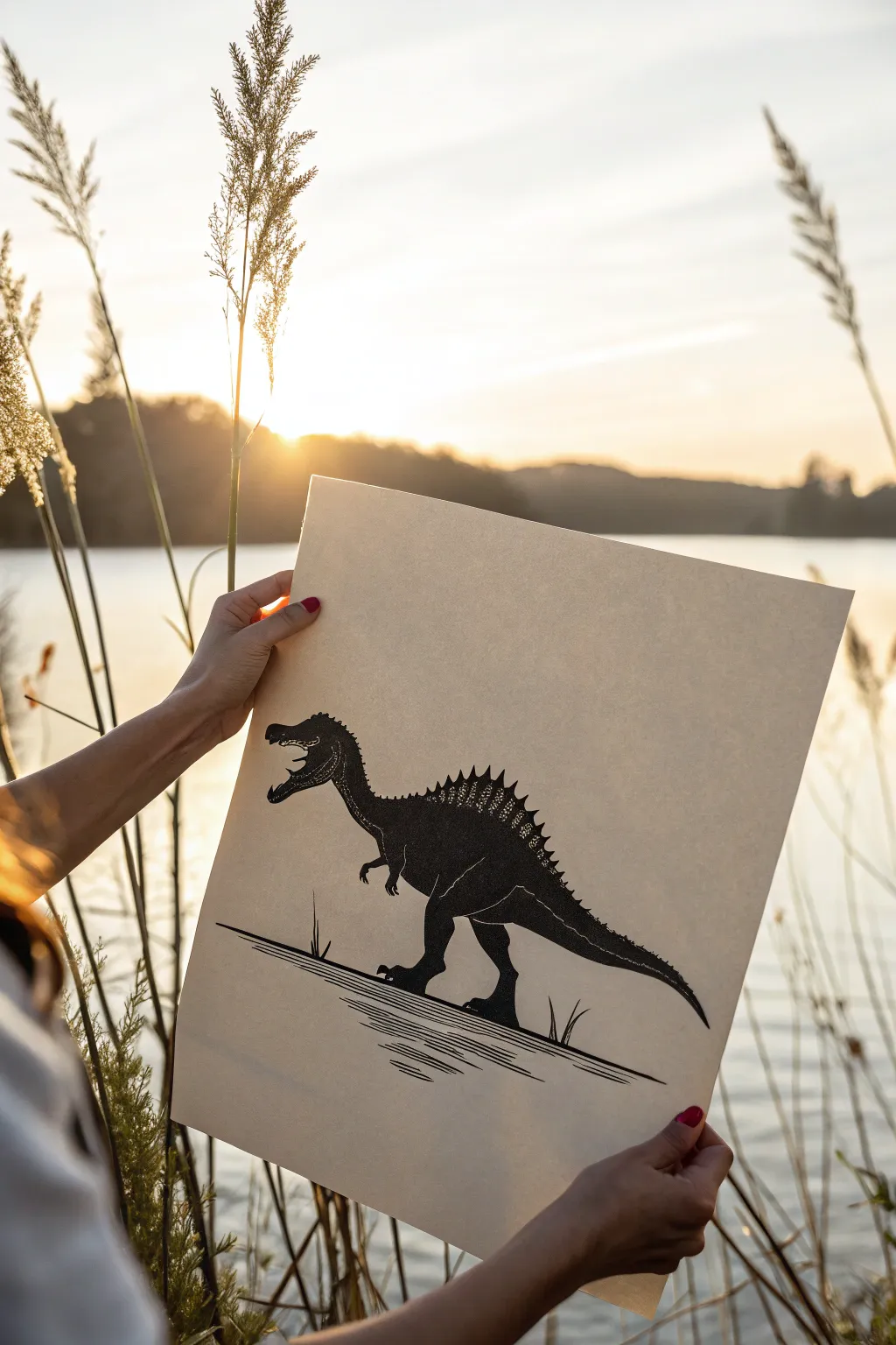 Minimal Spinosaurus silhouette with a bold sail and delicate texture lines in soft daylight