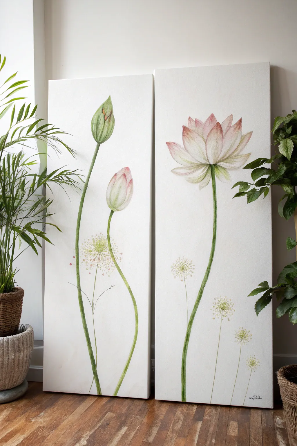 Diptych painting idea: a single stem connects bud and bloom in calm minimal Scandinavian style.