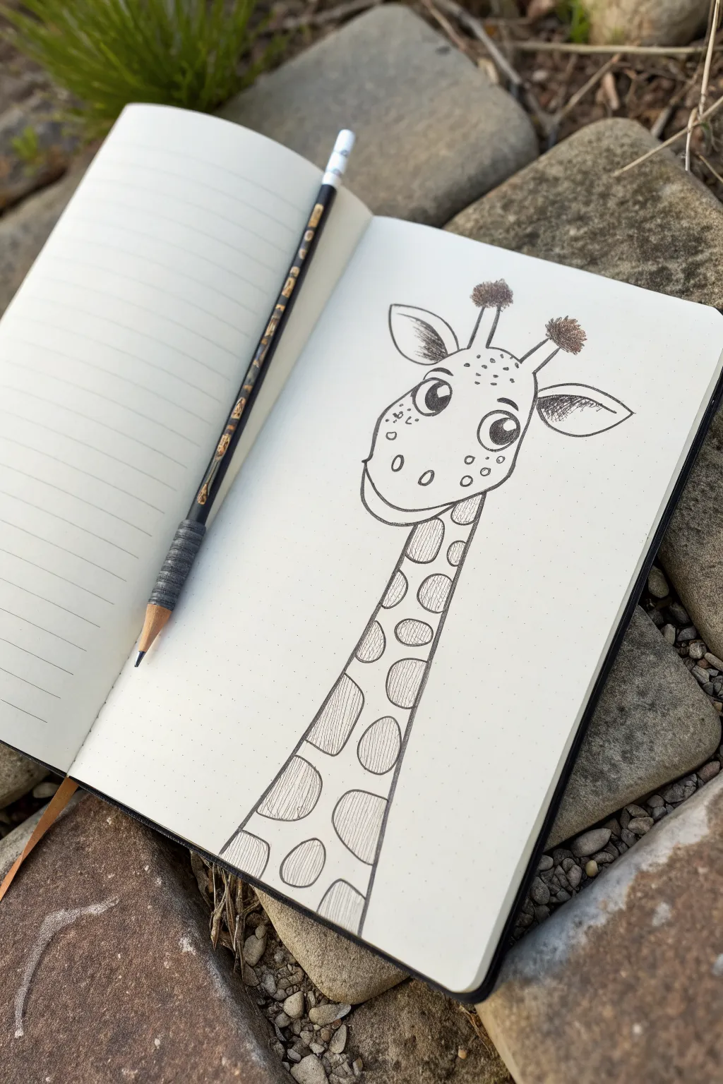 Giraffe directed drawing with simple construction lines, bold spots, and a clean savanna horizon